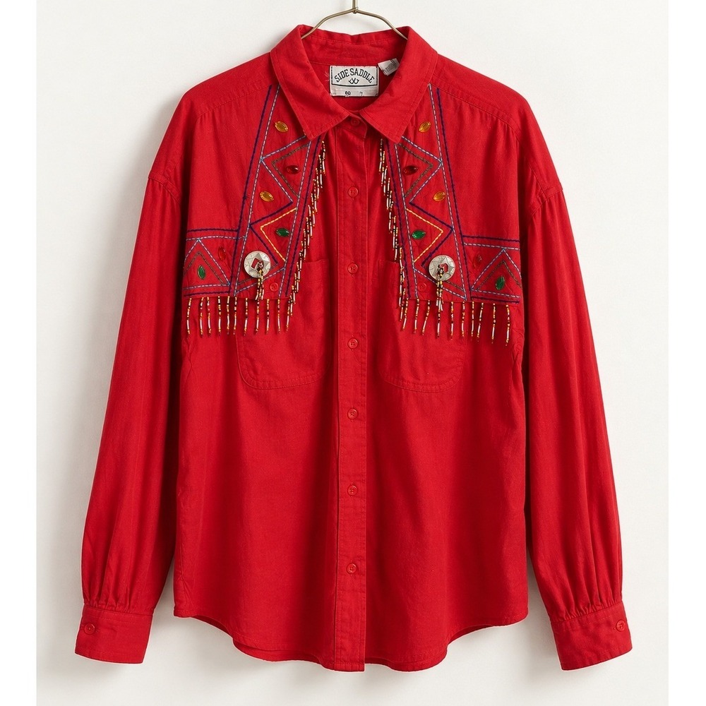 Side Saddle Button Down Shirt Womens L Red Beaded Vintage 1993 Western Top Vtg